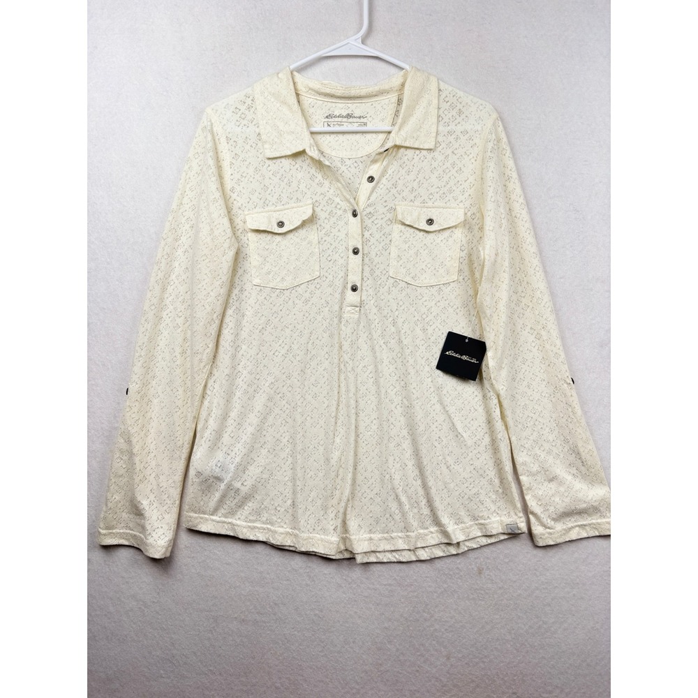 Eddie Bauer Long Sleeve Polo Womens M Eyelet Lace Cottagecore